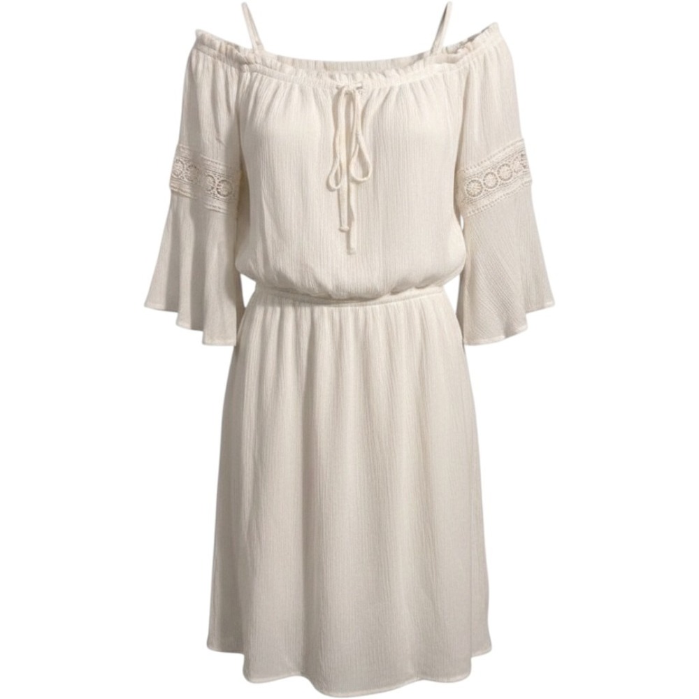 Naif Boho Off‎ The Shoulder Mini Dress Medium White Crochet Lace Bell Sleeve